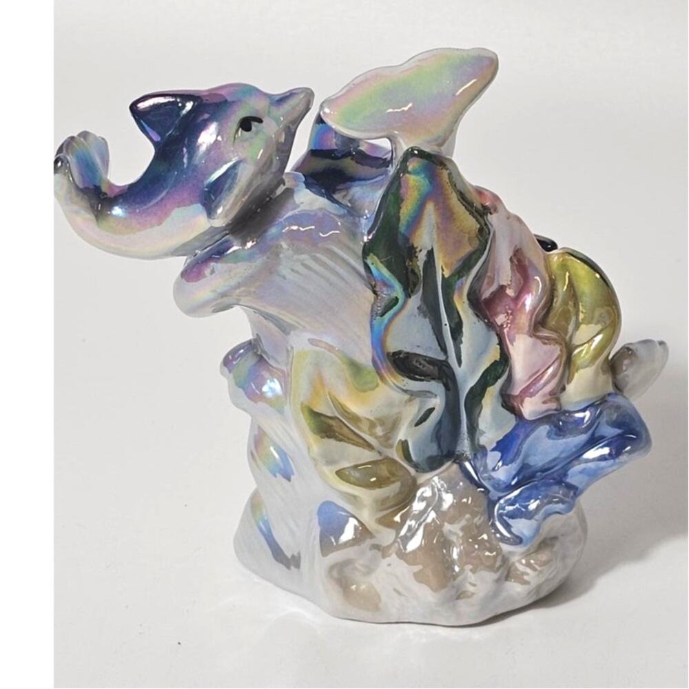 Vintage 1990s Iridescent Dolphin Figurine Rainbow Luster Ceramic Ocean Decor